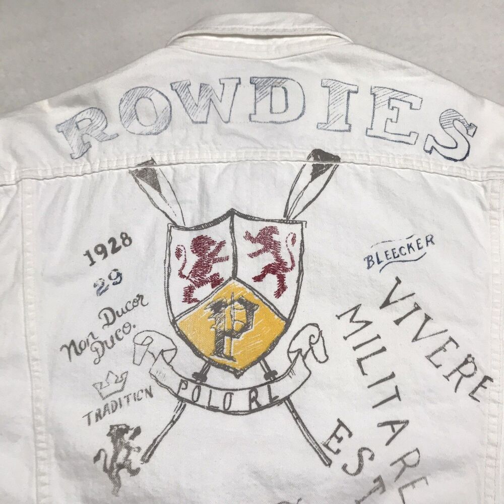 NWT POLO Ralph Lauren Denim Oxford Club Jacket Men 2XB White Rowdies Rugby Print - Picture 7 of 16